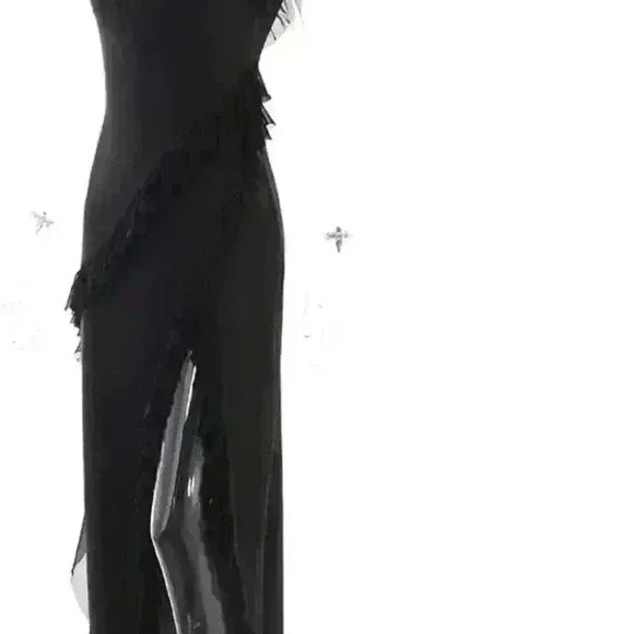 Women Sleeveless Ruffle Split Maxi Dress Summer Solid Spaghetti Strap Square - Picture 4 of 5